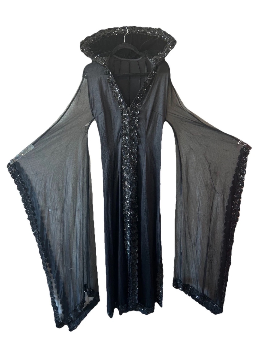 VTG Black Mesh Velvet Sequin Cape Dress Long Oversized Sleeves Goth Witchy L